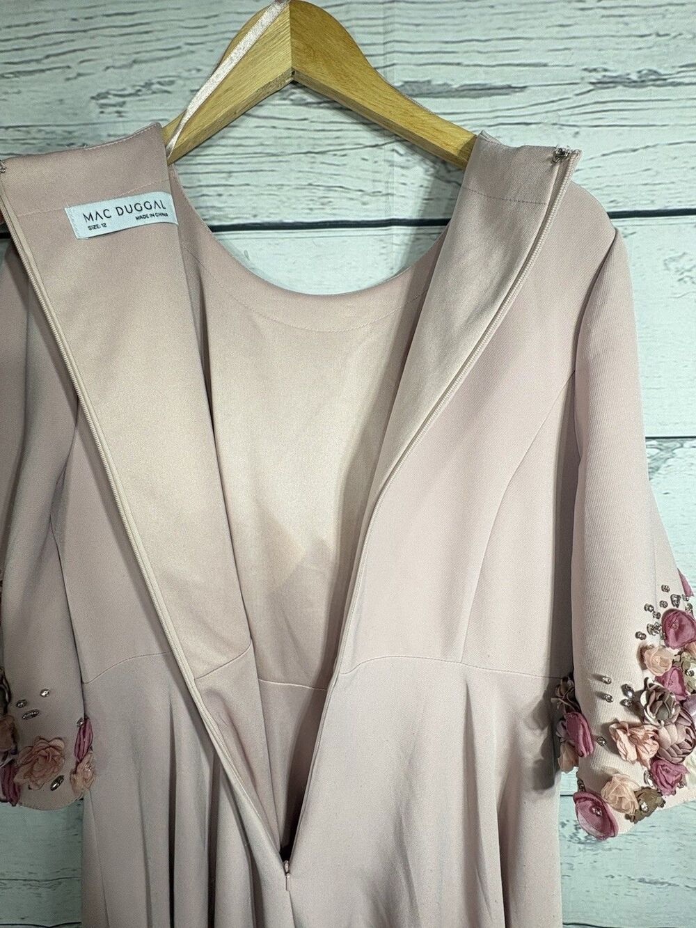 Mac Duggal 11854 Pink Crepe 3/4 Sleeve A-line Gown With Flower Trim Sz 12 NWT - Picture 10 of 14